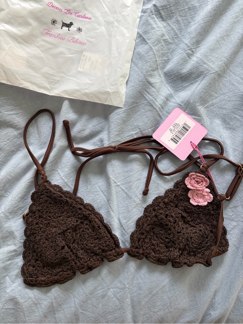 Frankie's Bikinis Crochet Triangle Bikini Set - Brown with Pink Accents - Picture 6 of 7